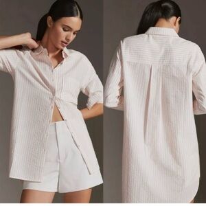 ANTHROPOLOGIE Longline Button Down Pink and‎ White Striped Shirt Size Large